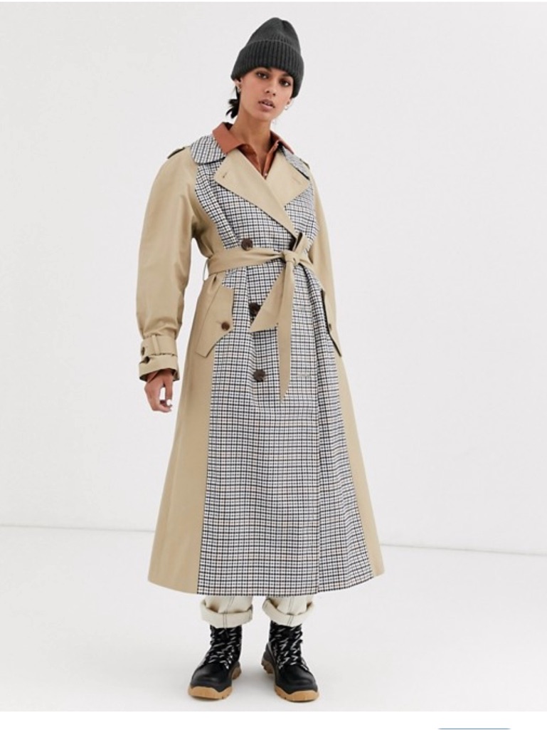 Asos Two-Tone Stone Trench Coat With Houndstooth Details
